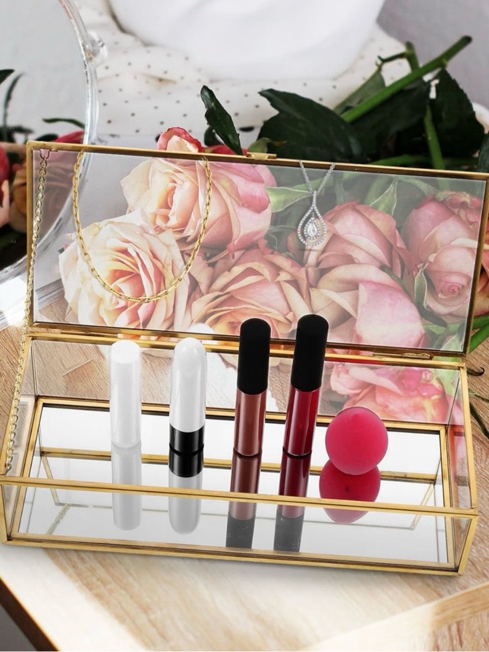 Glass Jewelry/Storage Box with Alloy Frame - Hinged Top Lid
